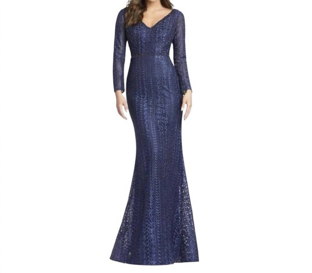 NEW MAC DUGGAL women's long sleeve beaded lace trumpet gown in midnight blue